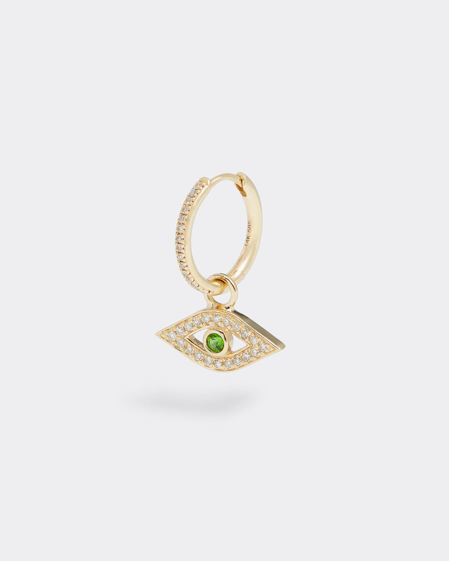 14ct gold & diamond charm, evil eye shape with green stone centre, interchangeable charm to be used on necklaces and earrings, product shot