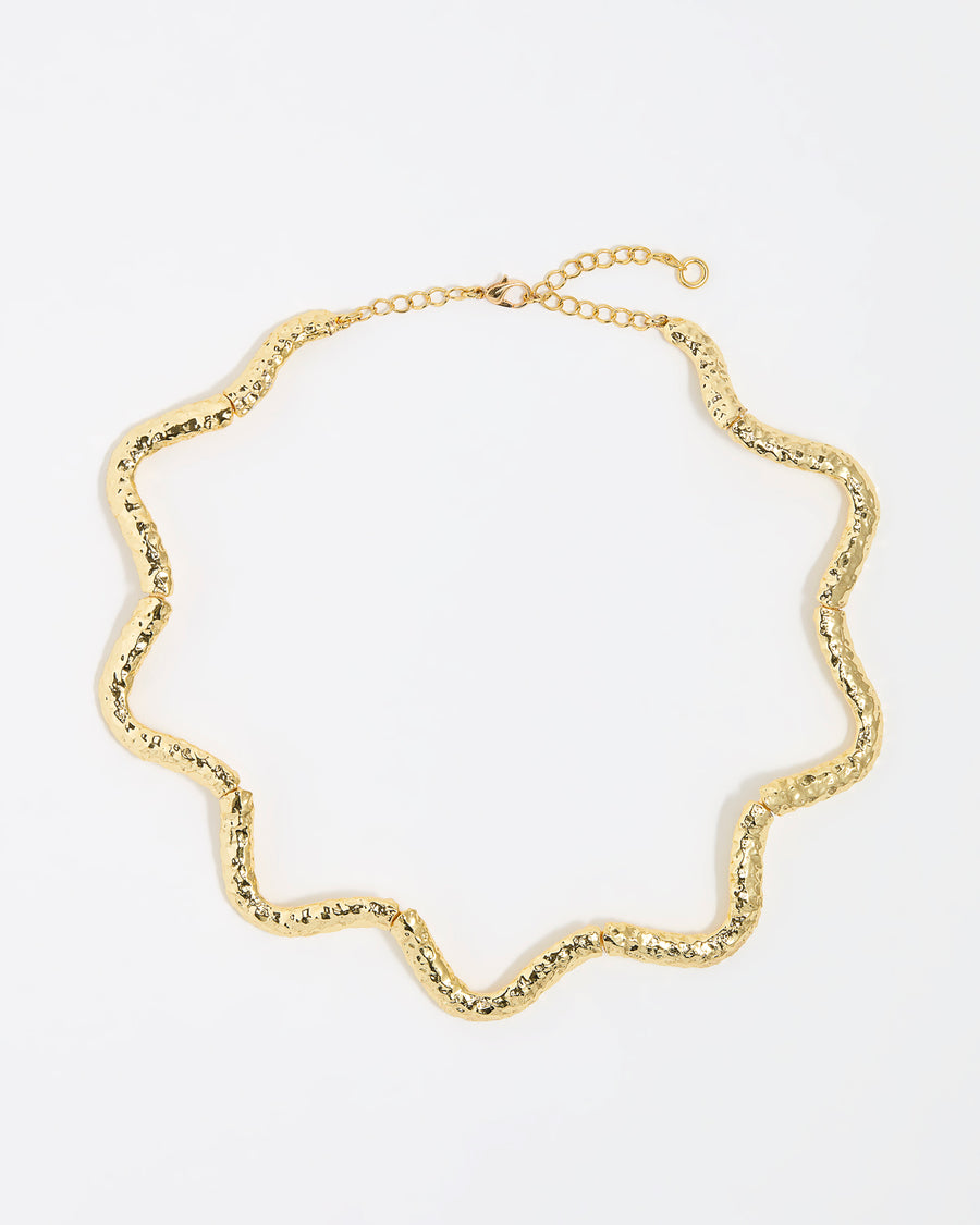 front image of textured curved gold necklace