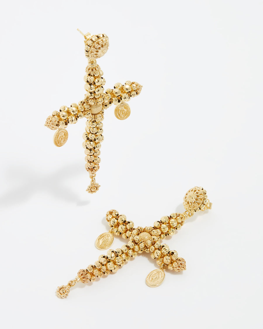 frward facing image on white background of Image of large gold plated cross earrings by Soru Jewellery and Daphne Oz