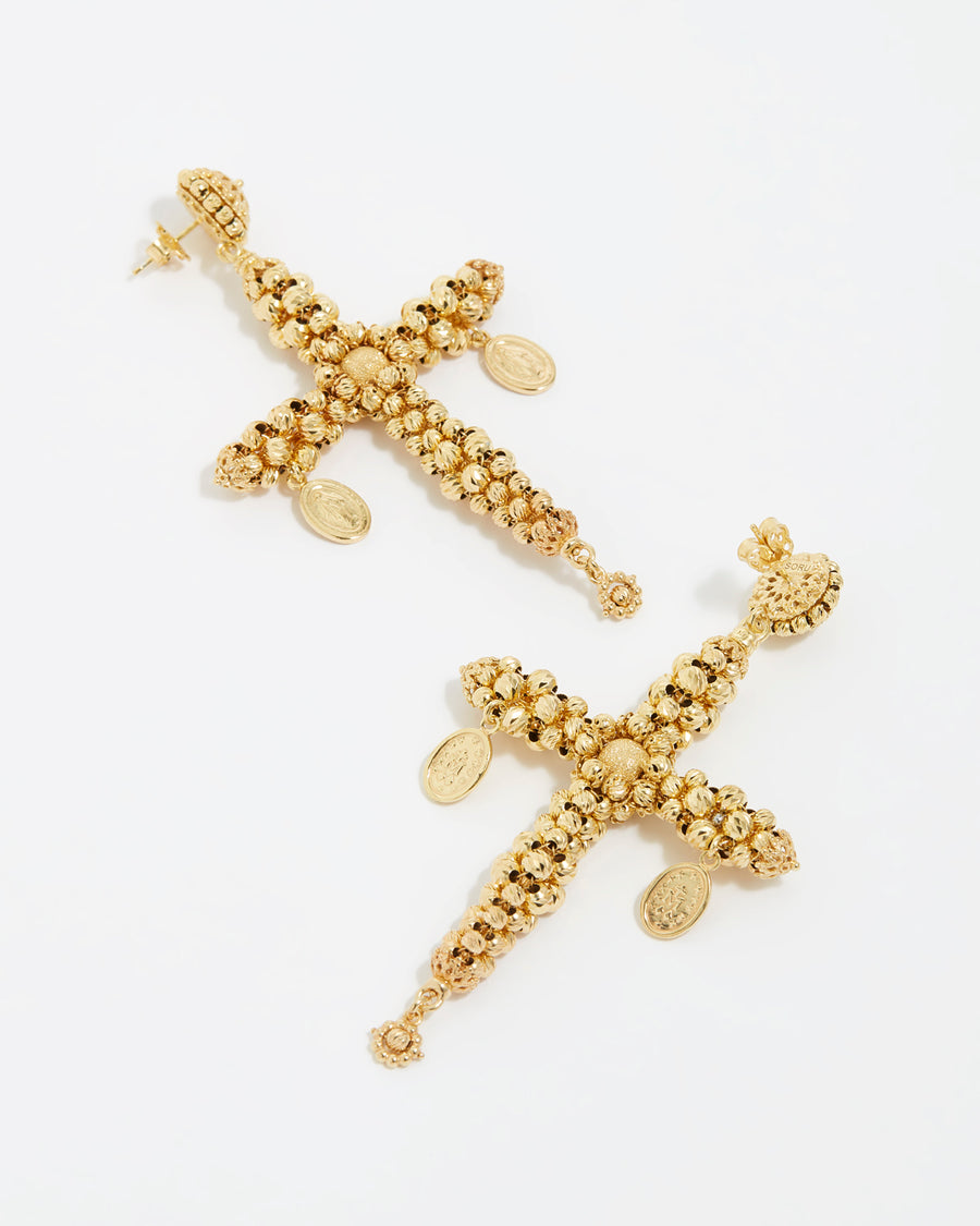 front anf back image on white background of large gold plated cross earrings by Soru Jewellery and Daphne Oz