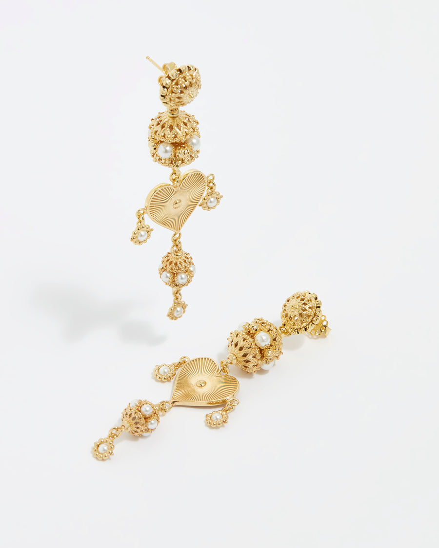 Gold plated  Swarovski pearls, intricate golden filigree, and a golden heart earrings, Soru Jewellery and Daphne Oz