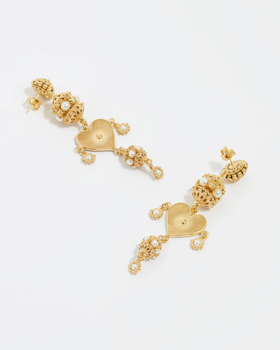 Gold plated Swarovski pearls, intricate golden filigree, and a golden heart earrings, Soru Jewellery and Daphne Oz