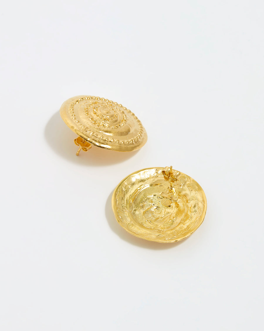 front and bcak image next to each other on white background image of gold, round, oversized stud earrings from the daphne oz x soru collection 