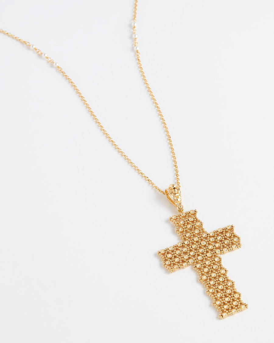 Front on white background image of Long Pearl Beaded Cross Necklace, large cross pendant , Soru Jewellery, gold plated