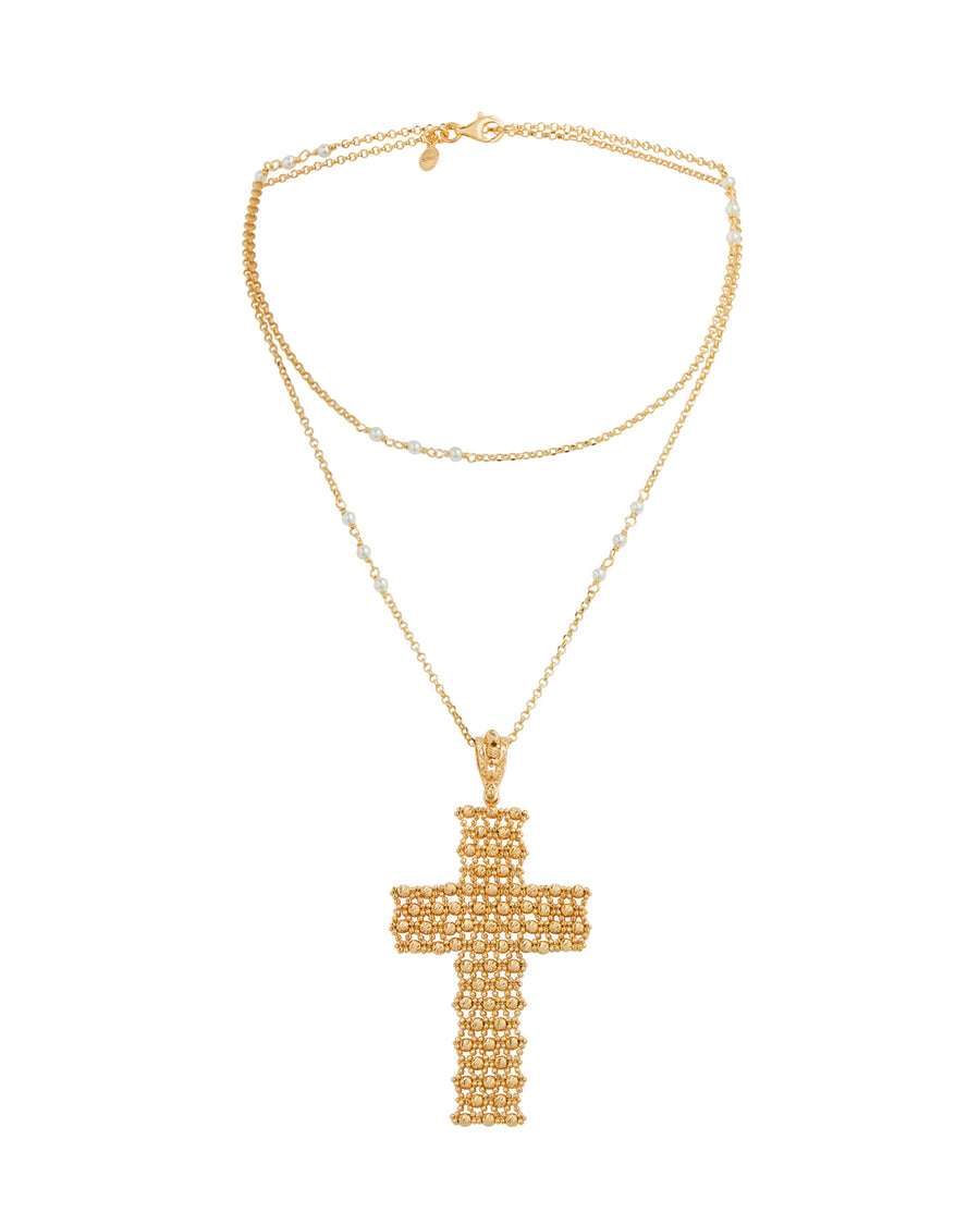 Long Pearl Beaded Cross Necklace,  large cross pendant , Soru Jewellery, gold plated