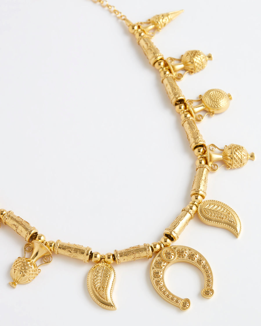 close up detail Image of yellow gold plated chunky byzantine charm necklace, by Soru Jewellery and Daphne Oz