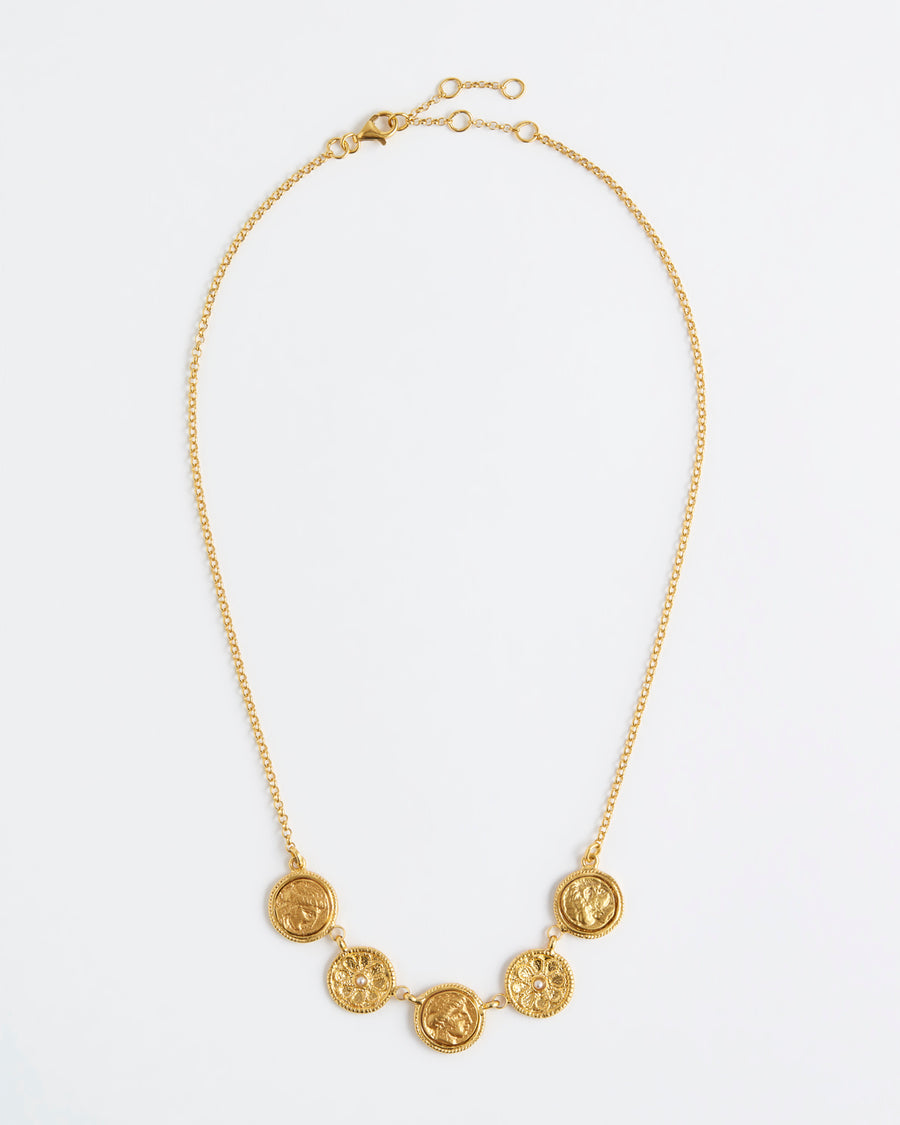 Forward facing image on white background of gold plated coin chain necklace, Soru Jewellery, Daphne Oz