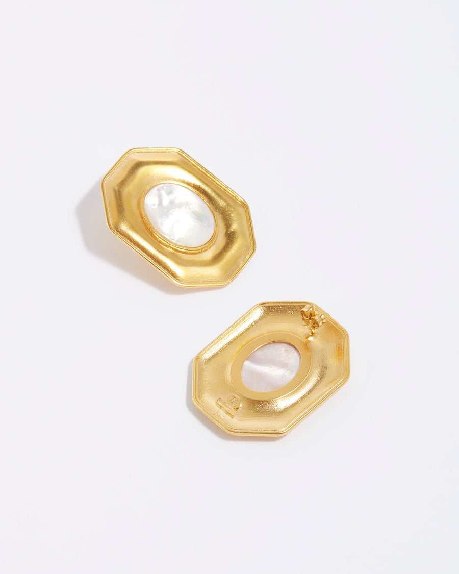 product shot of oversized octagonal stud earring with oval mother of pearl centre