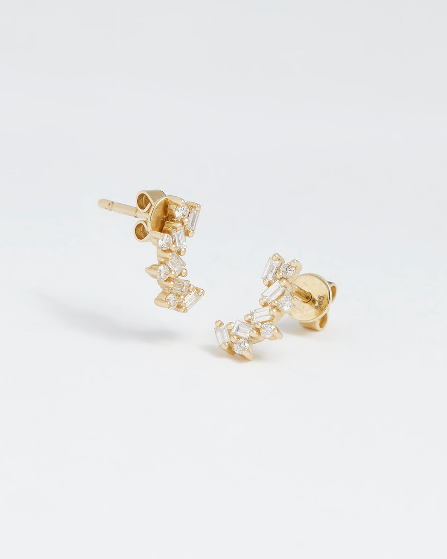 Soru Jewellery baguette and round cut diamond climber stud earrings product shot 