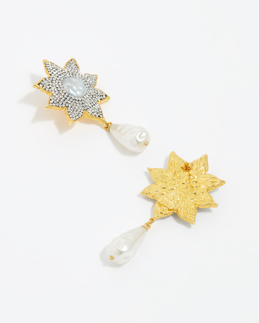 Close up front and reverse view, overhead image of large clear crystal embellished flower shaped earrings featuring a round baroque pearl centre and large hanging baroque pearls on a white background