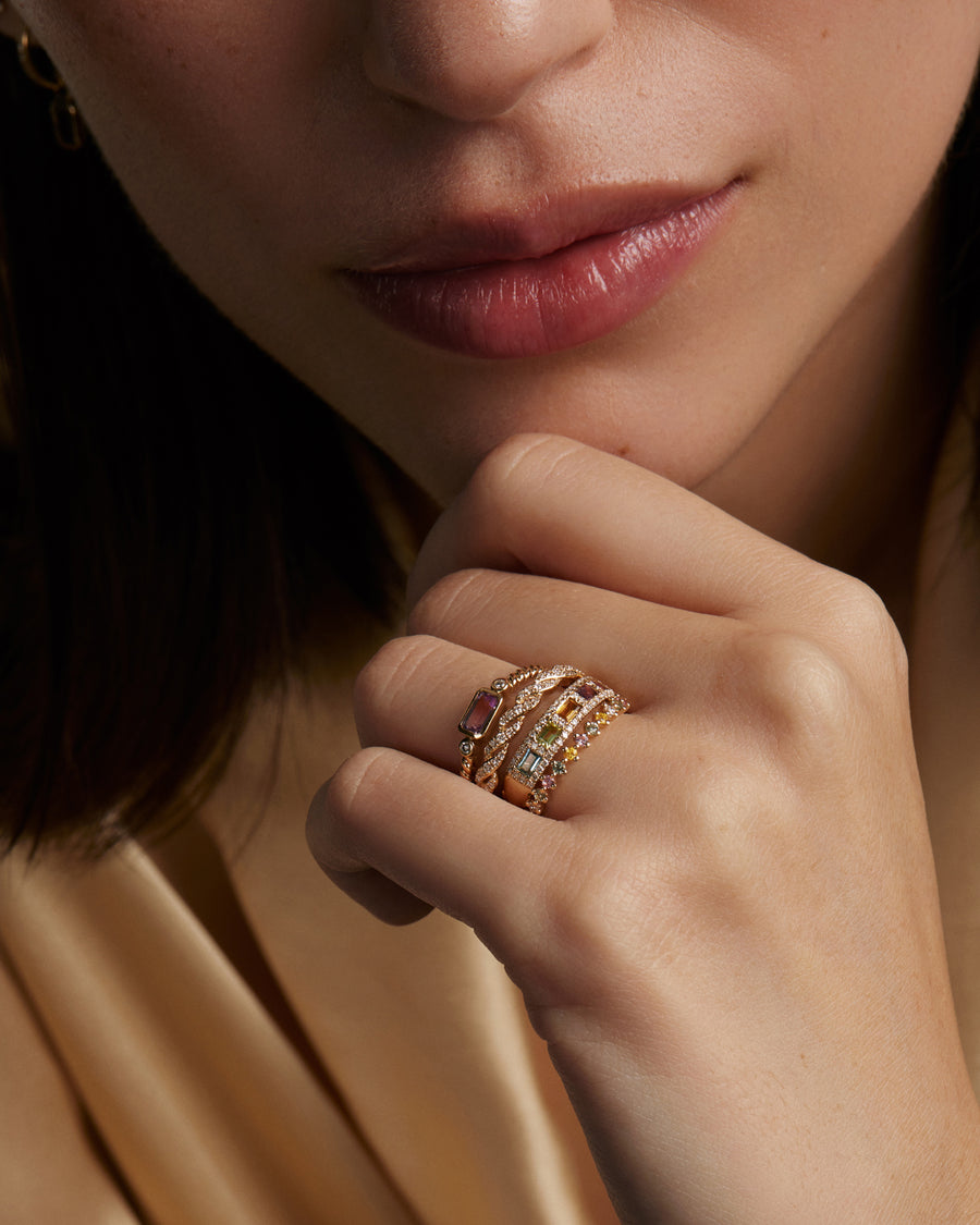 Soru Jewellery pink amethyst and diamond ring worn stacked on models finger