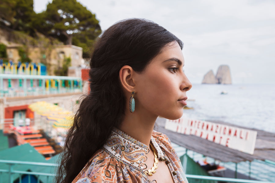 model shot of soru jewellery double sided amazonite gemstone and crystal earrings