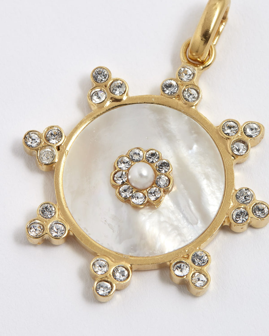 soru jewellery detachable mother of pearl circular charm made with gold plated silver and clear crystals