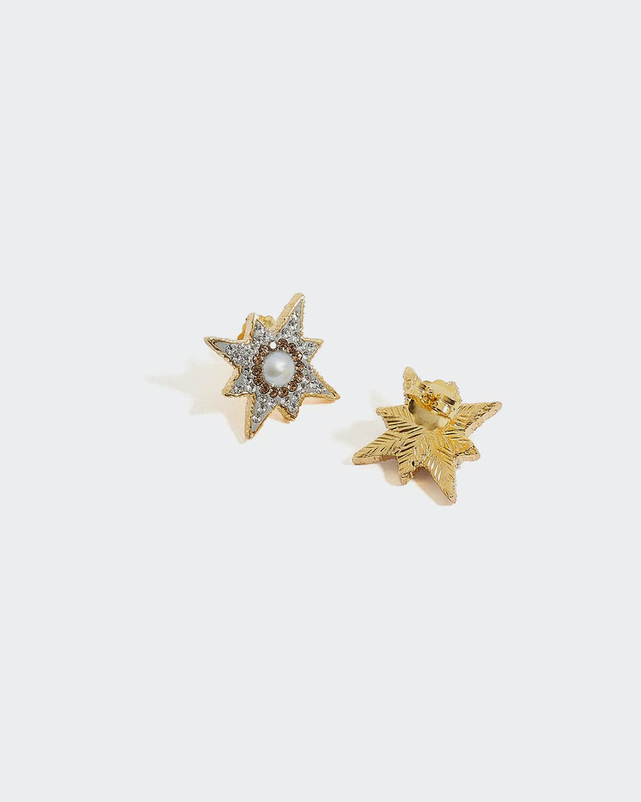 soru supernove star shaped stud earrings woth pearl centre and surrounded by crystals made with gold plated silver