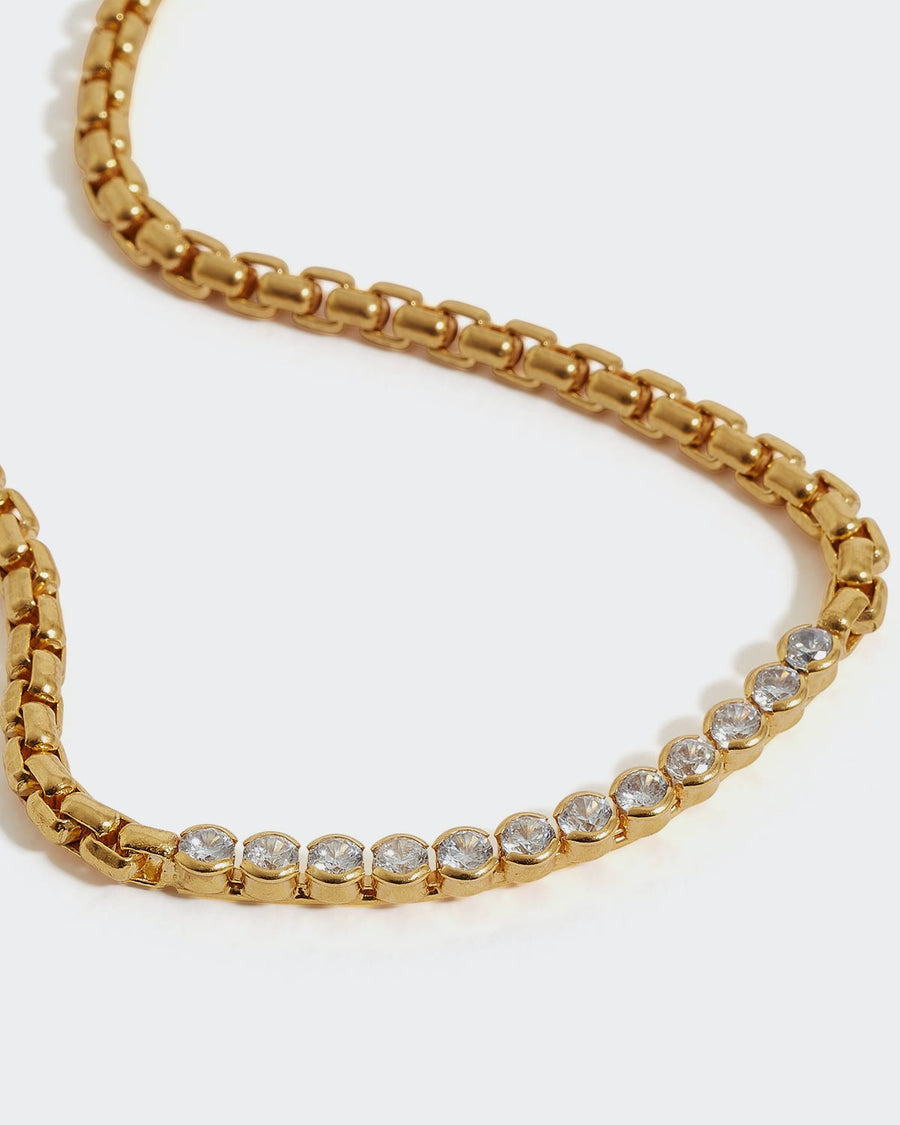 soru gold cylinder link chain with clear crystals se in gold plated silver