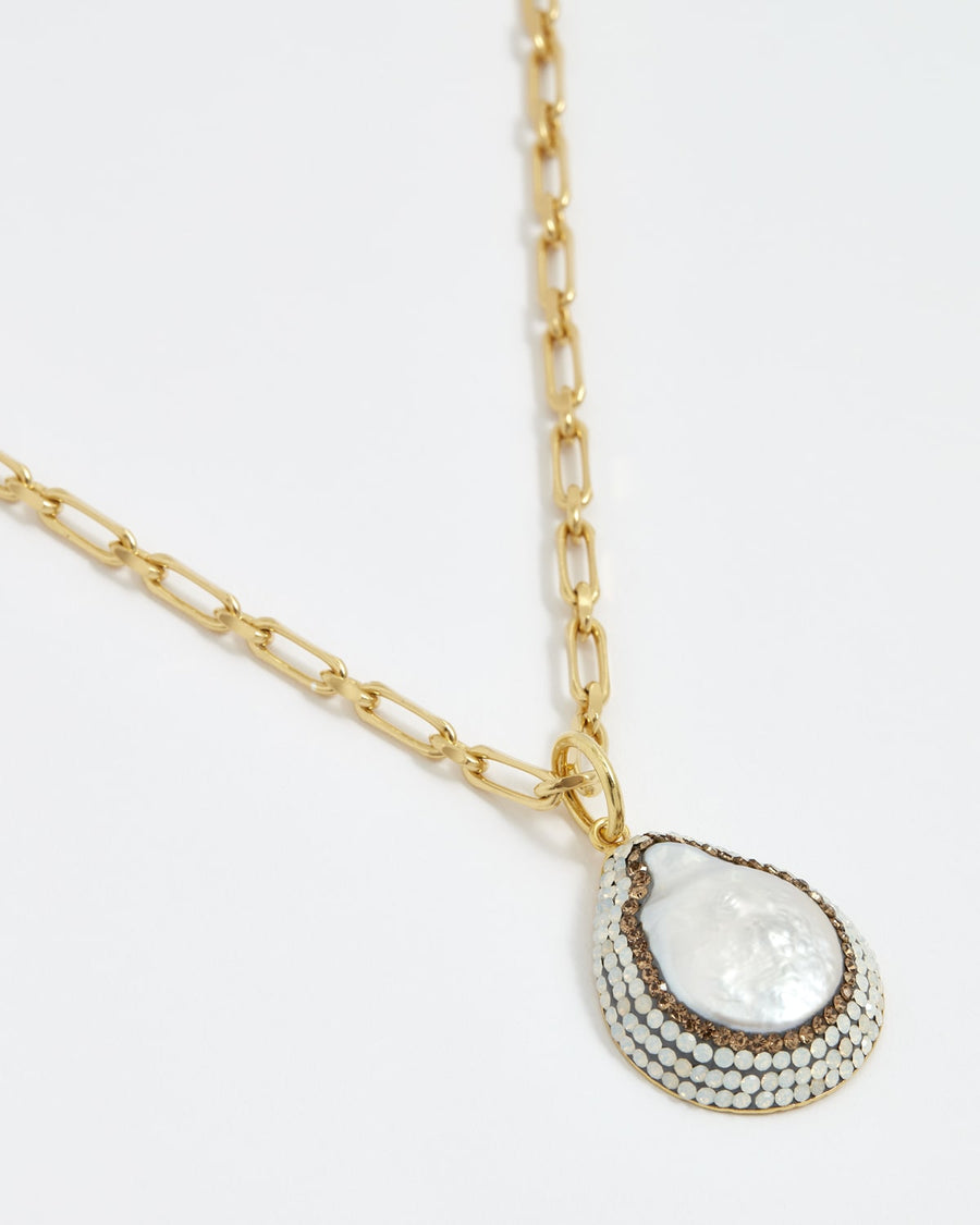 soru jewellery baroque pearl pendant necklace, gold chunky chain with opal Swarovski crystals 