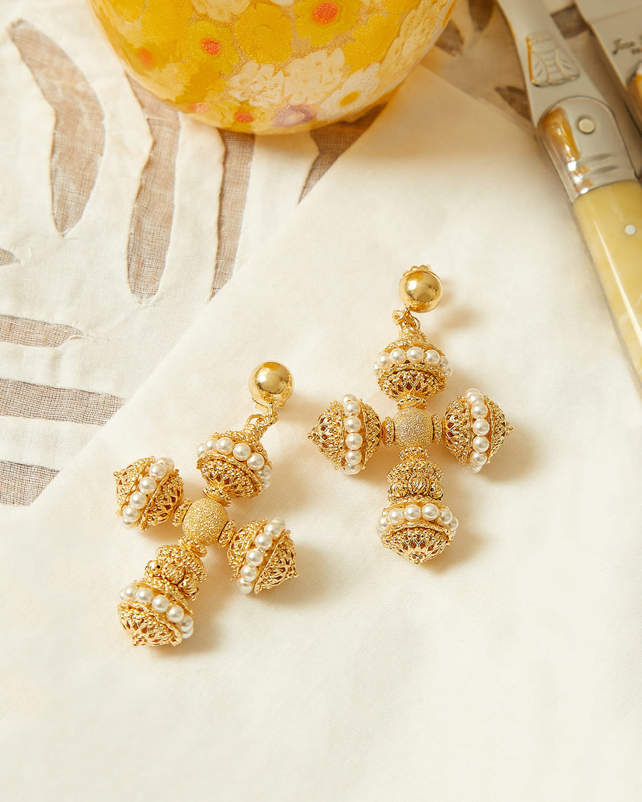 soru jewellery gold plated silver and pearl cross earrings, Santina, Sicilian collection, Italian style